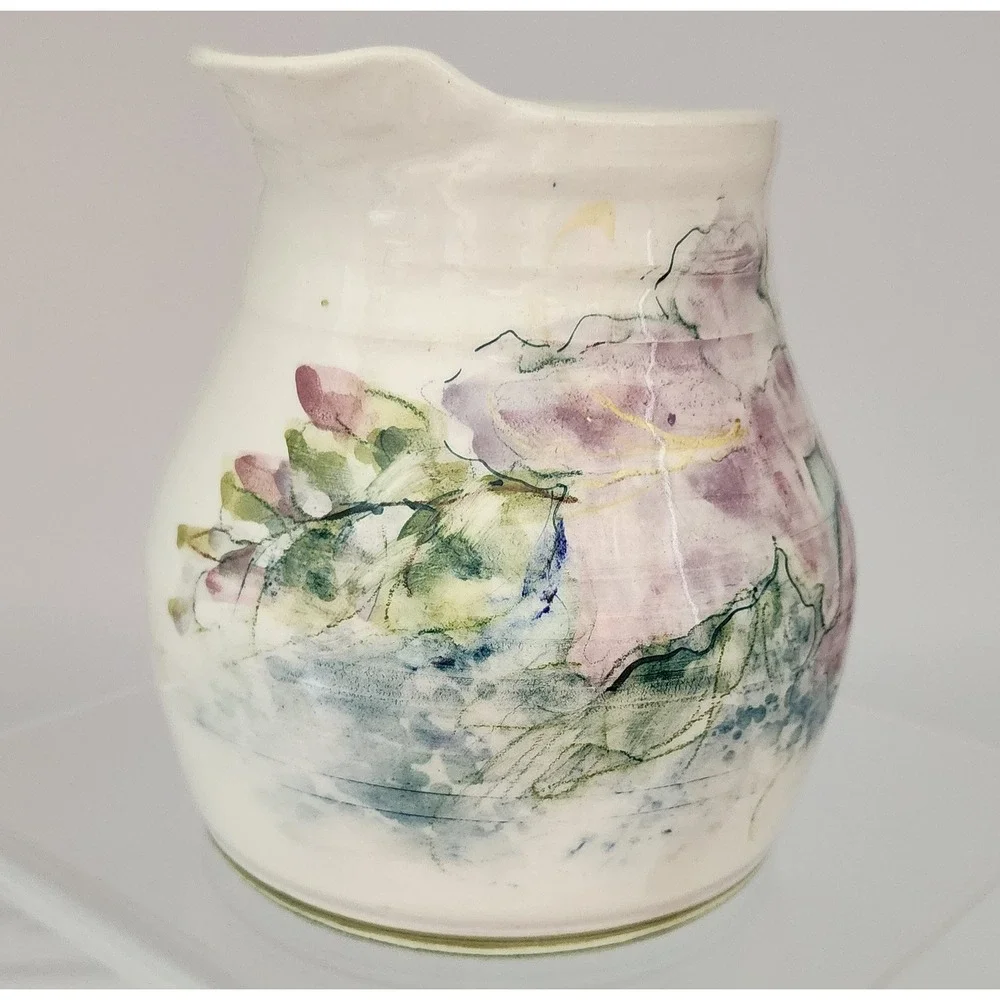 Studio Pottery Floral Pitcher Signed 1986 Cream Lavender Pink Excellent 6in